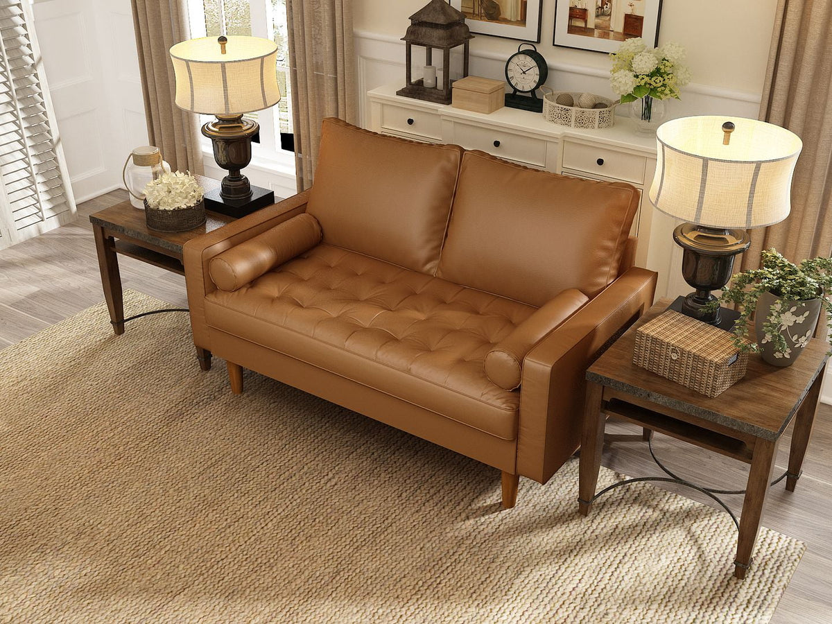 Tan Brown Faux Leather Loveseat E491