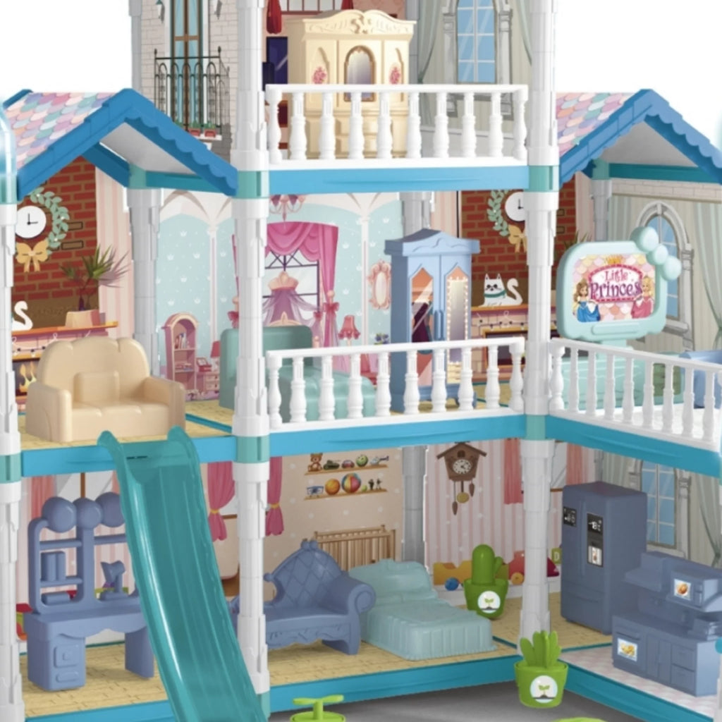 8 Room Dollhouse Play Set with Slide Doll and Furniture Accessories, 191 Pcs P717608