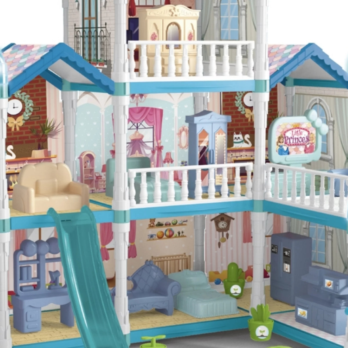 8 Room Dollhouse Play Set with Slide Doll and Furniture Accessories, 191 Pcs P717608