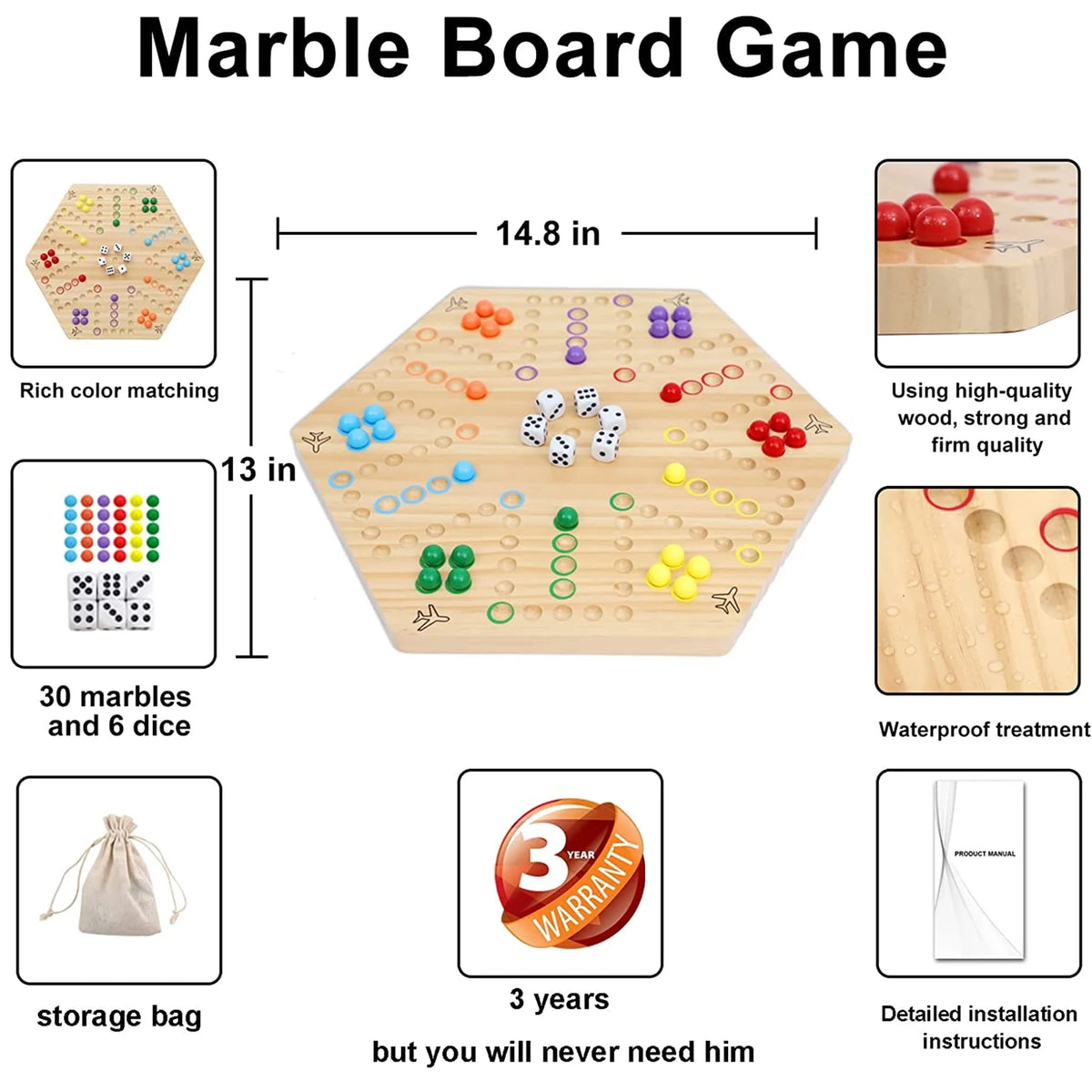 Double Sided Painted Wooden Fast Track Board Game for 6 and 4 Players 6 Colors 24 Marbles 6 Dice (Oak) J82652
