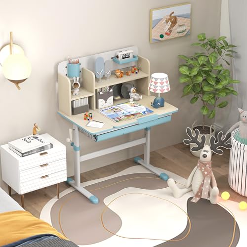 Pink Kids Desk with 7-Level Tiltable Desktop, Height Adjustable Table with Bookshelf, Pull-Out Drawer & Pen Holder E744885