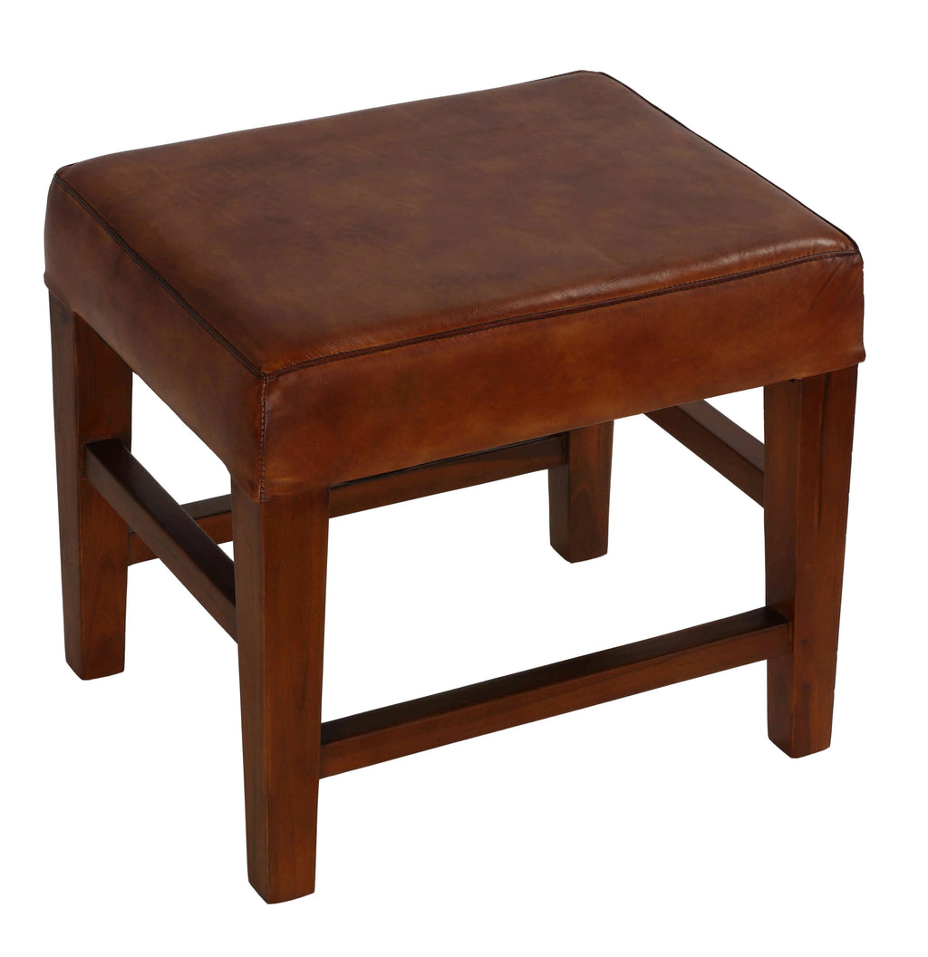 Genuine Leather Ottoman with Solid Teak Wood Legs, Brown O193