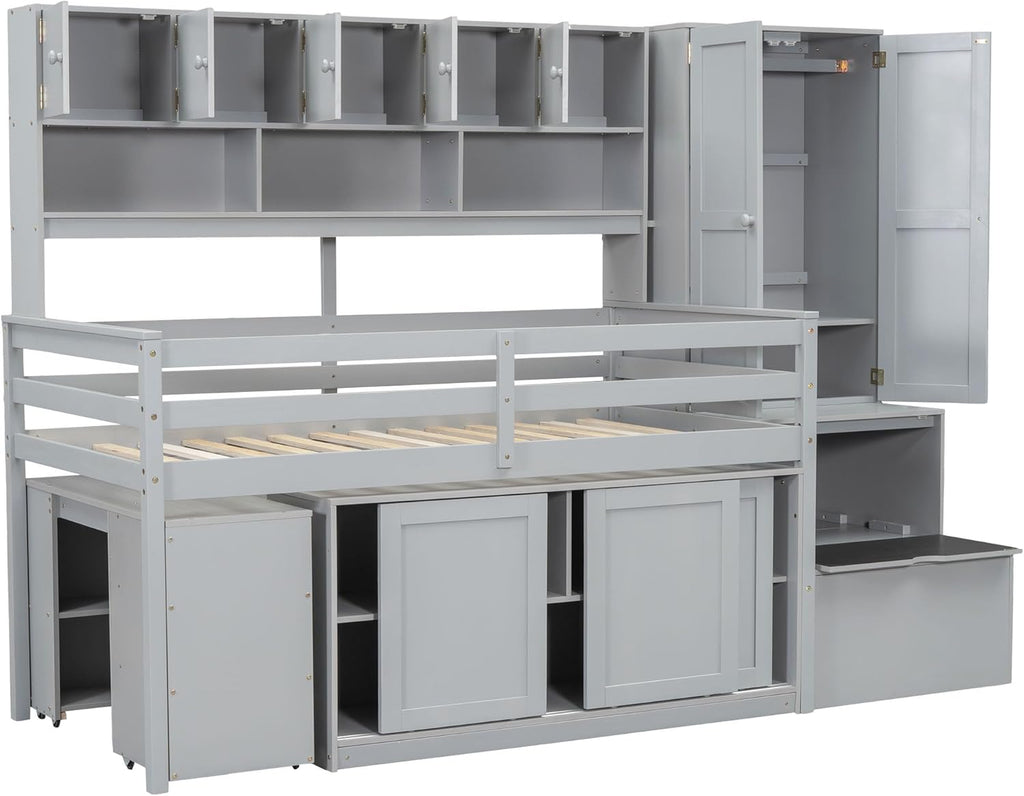 Gray Twin Size Loft Bed with Removable Desk Storage Stairs Wardrobe Eight Top Shelves Two Sliding Door Cabinets E478276