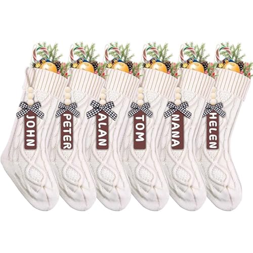 Set of 6 White Red Green 18" Cable Knitted Christmas Stockings with Wooden Name Tags Z930676