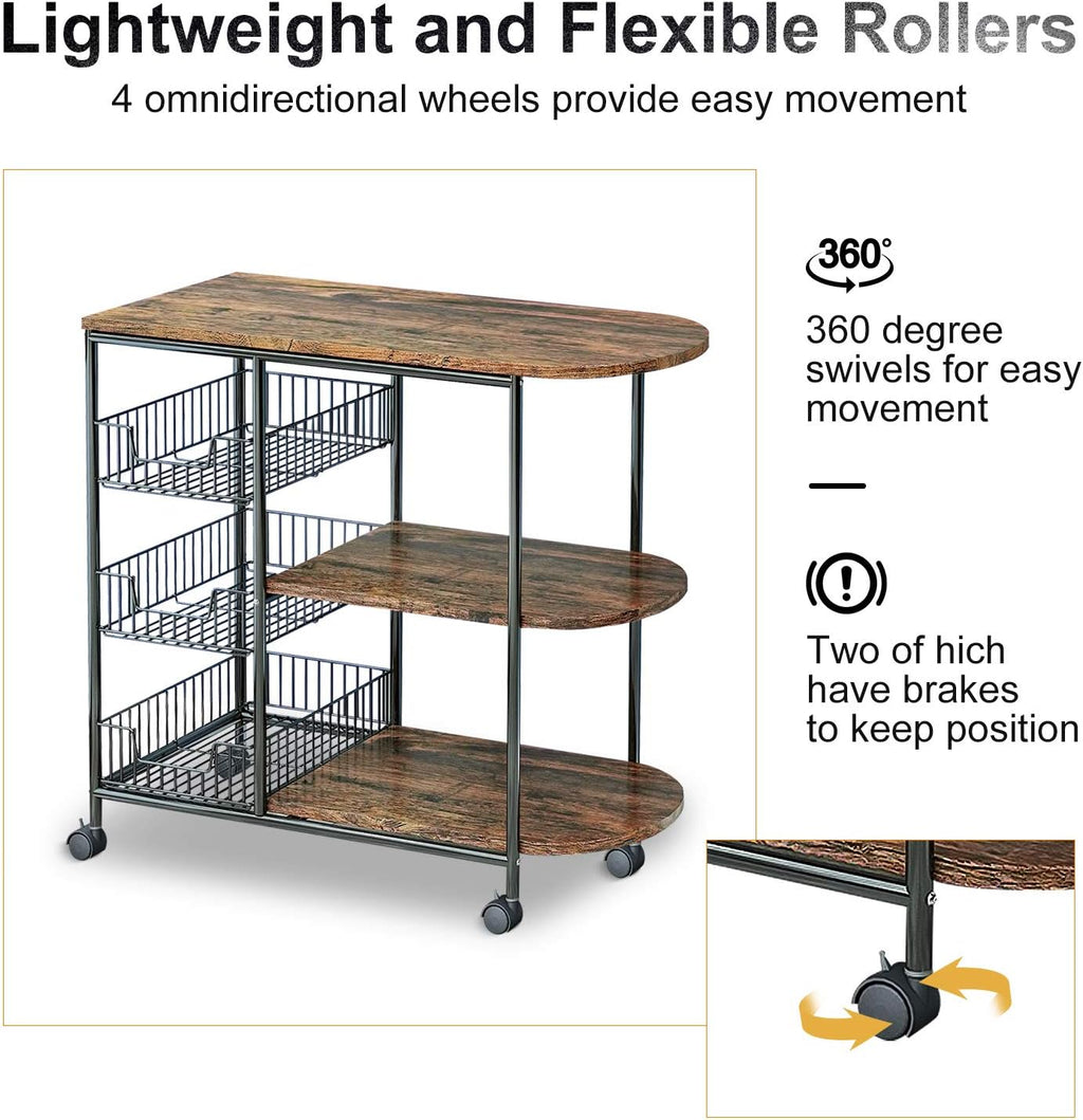 3-Tier Kitchen Island Cart with 3 Metal Baskets, 4 Wheels T6292