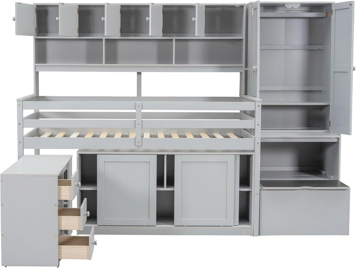 Gray Twin Size Loft Bed with Removable Desk Storage Stairs Wardrobe Eight Top Shelves Two Sliding Door Cabinets E478276