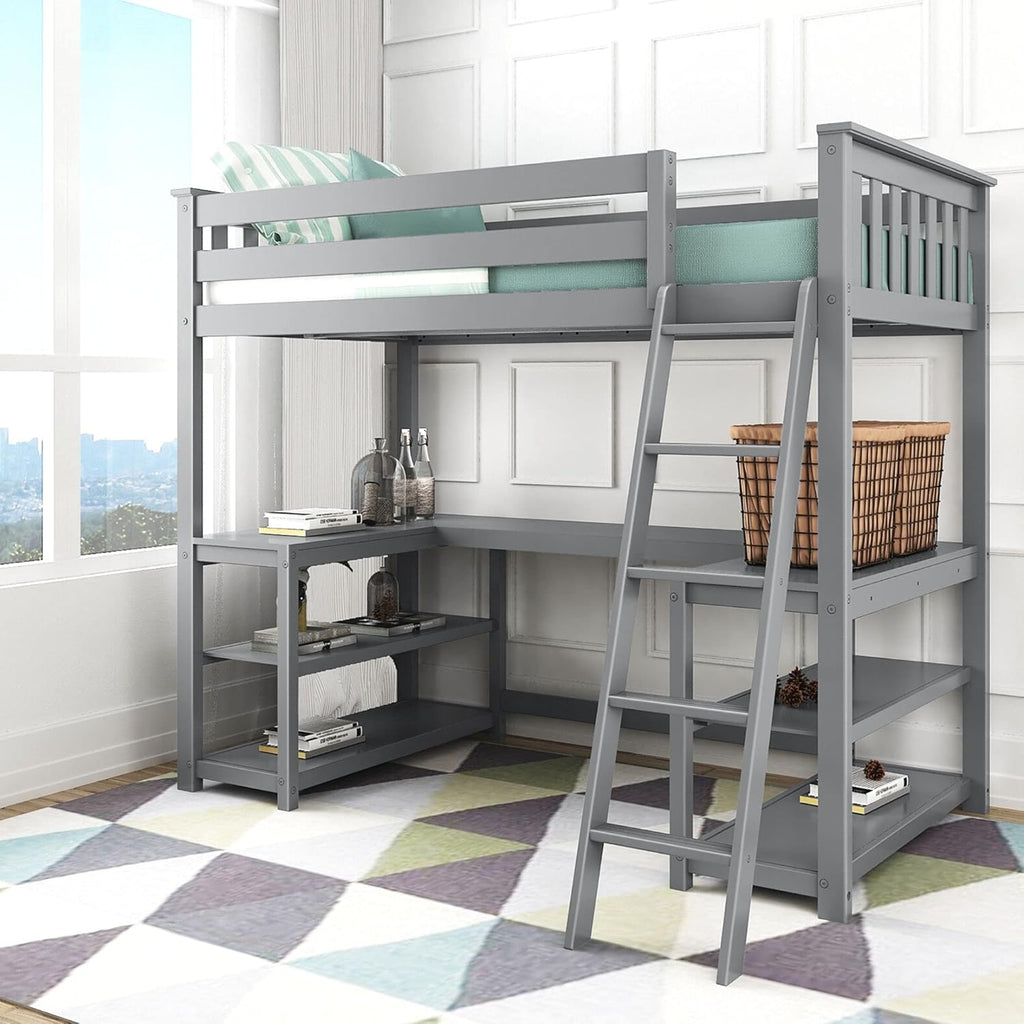 White Twin High Loft Bed with Bookcase and Desk Y64685