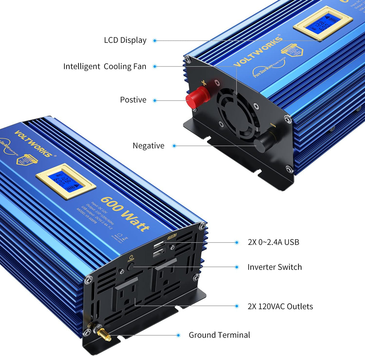 600 Watts Pure Sine Wave Power Inverter DC 12V to AC 110V 120V with USB Port & LCD Display G7590