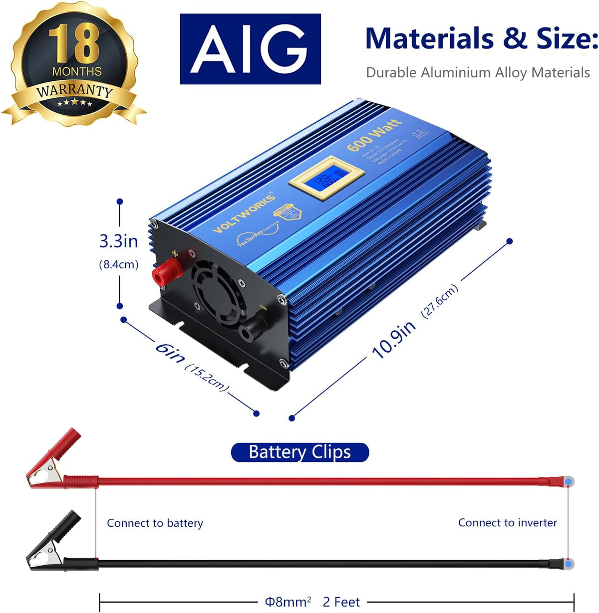 600 Watts Pure Sine Wave Power Inverter DC 12V to AC 110V 120V with USB Port & LCD Display G7590
