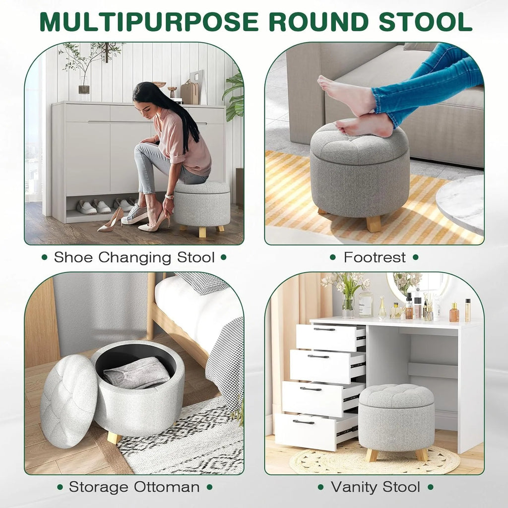 Round Fabric Upholstered Ottoman with Solid Wood Legs C96592