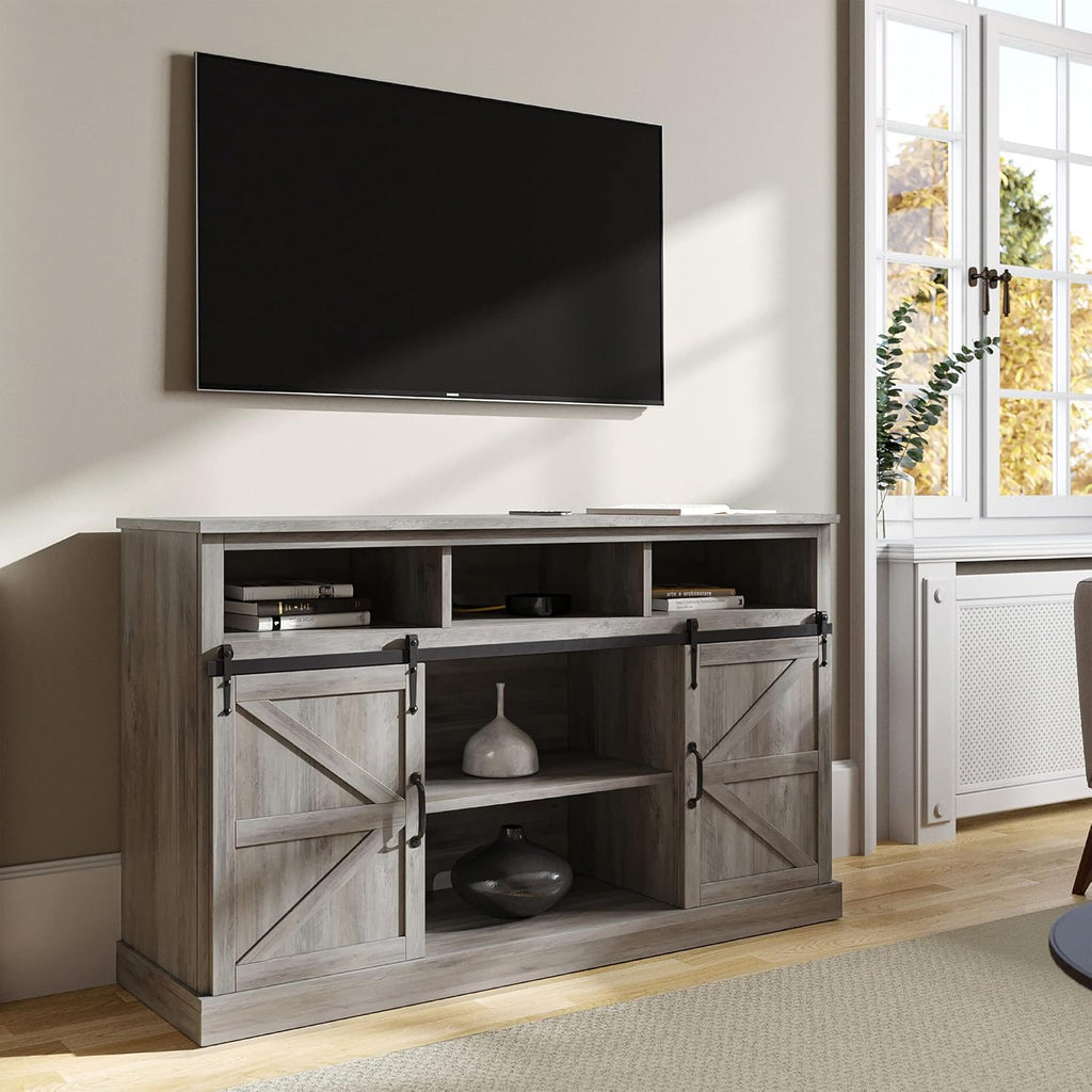 Stone Grey TV Stand with Sliding Barn Door and Storage Cabinets T99637