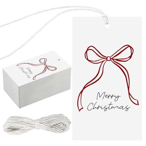 100 Pcs Red Bow Christmas Tags with String Q331531