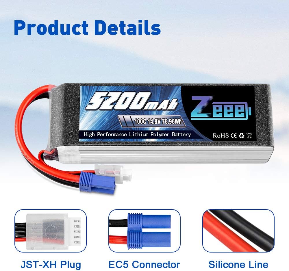 4S Lipo Battery 14.8V 5200mAh 100C EC5 Plug Soft Case 2 Pack P35799