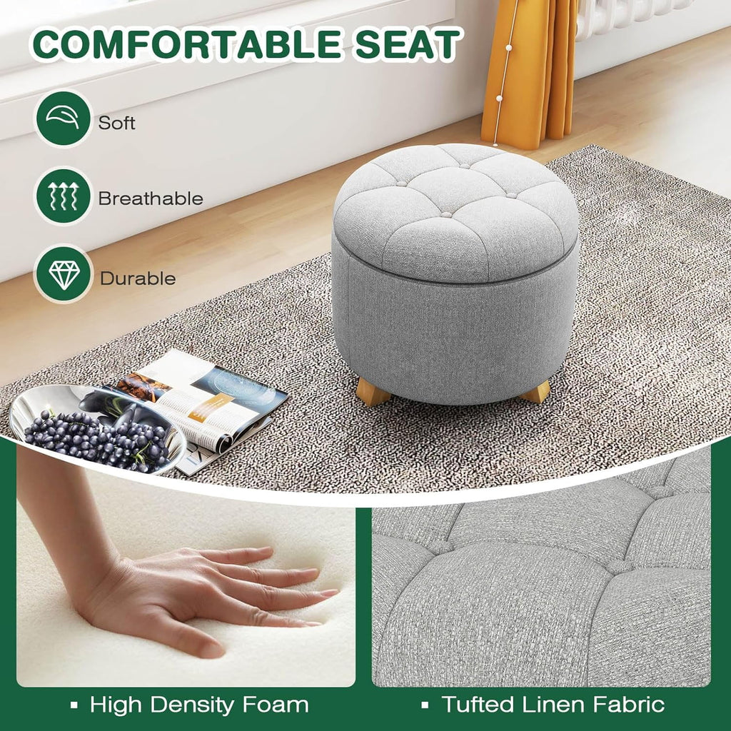 Round Fabric Upholstered Ottoman with Solid Wood Legs C96592
