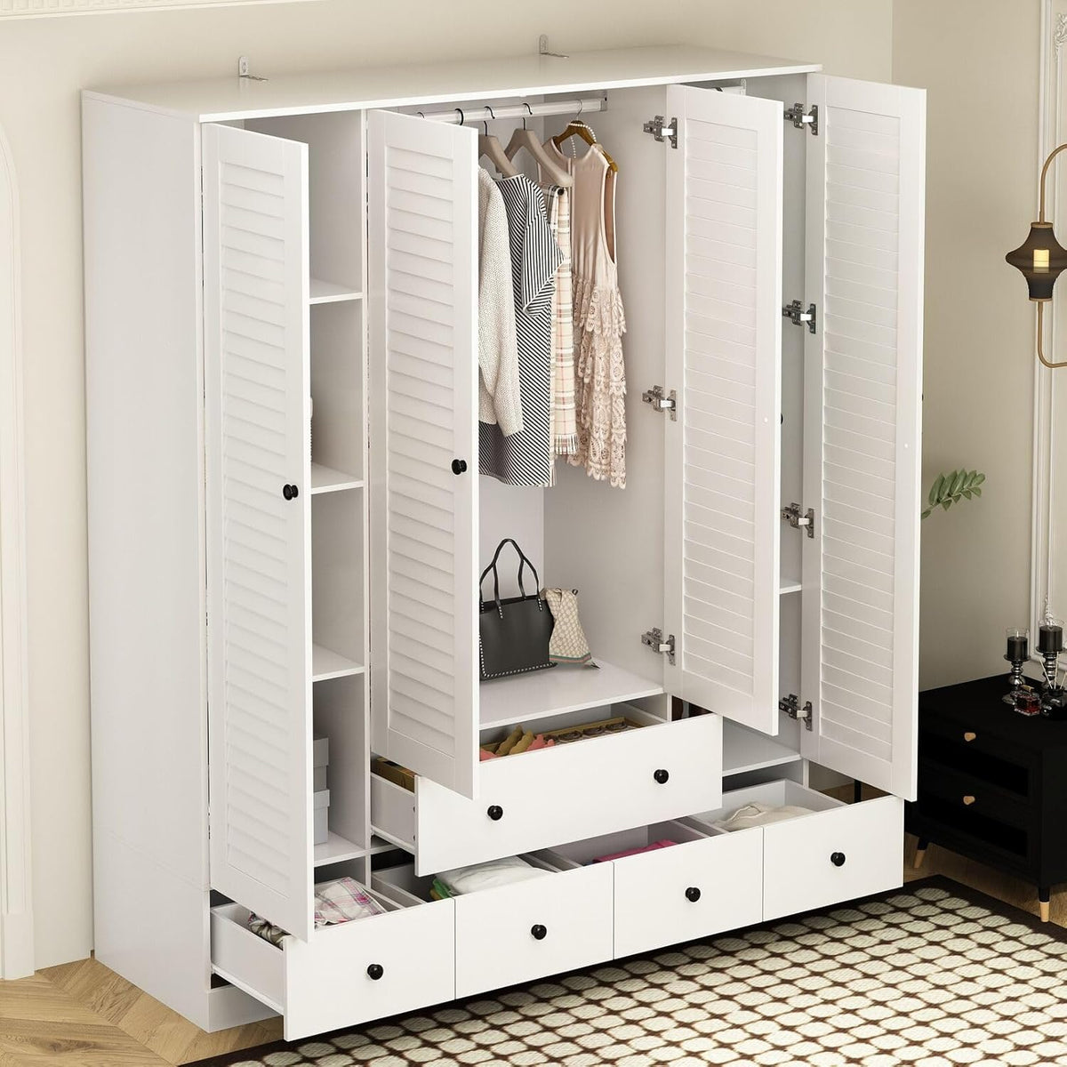 Rustic White Slat Door Wardrobe with 5 Drawers and 4 Doors Q788239