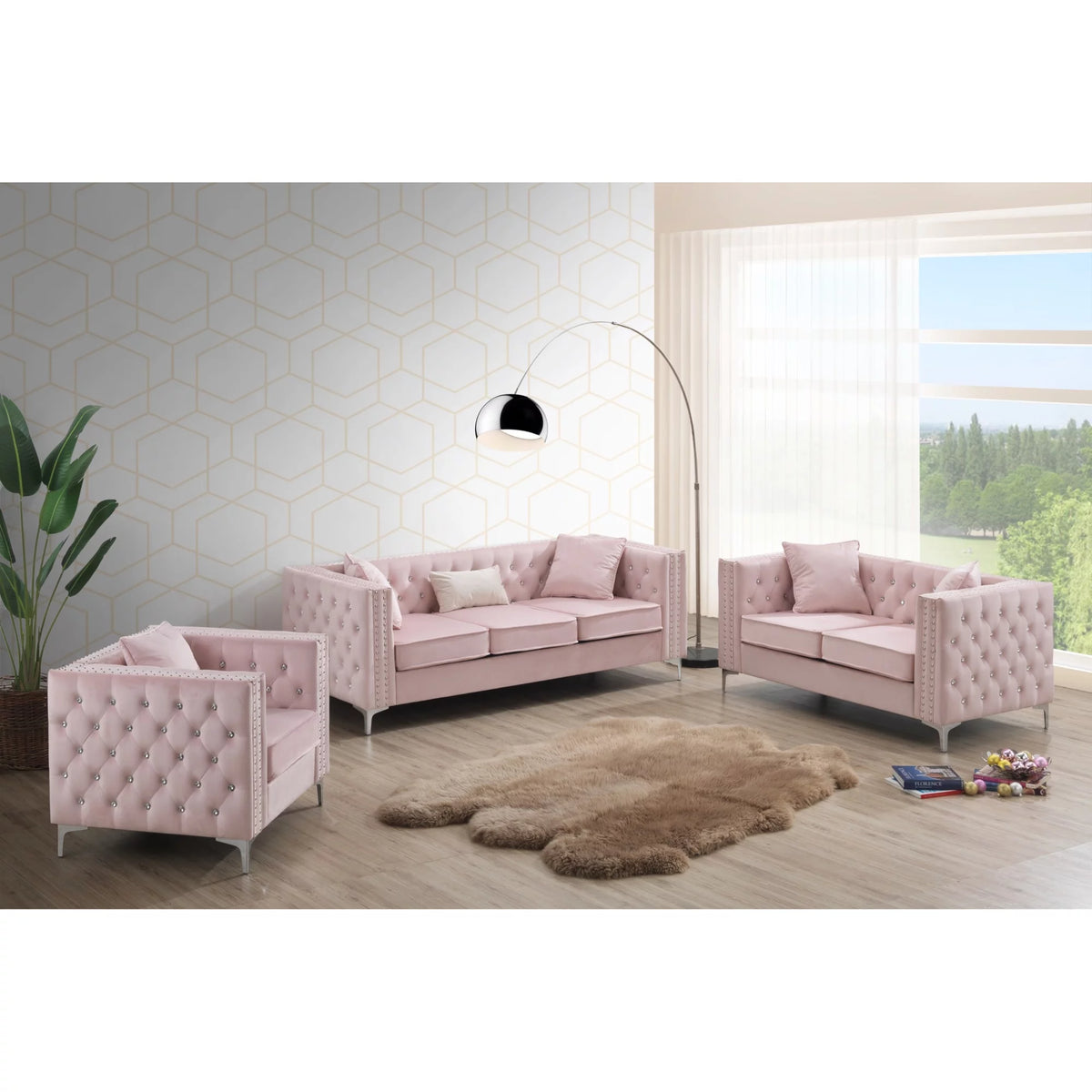 Pink Velvet 2-Seater Sofa with 2-Throw Pillow V357085