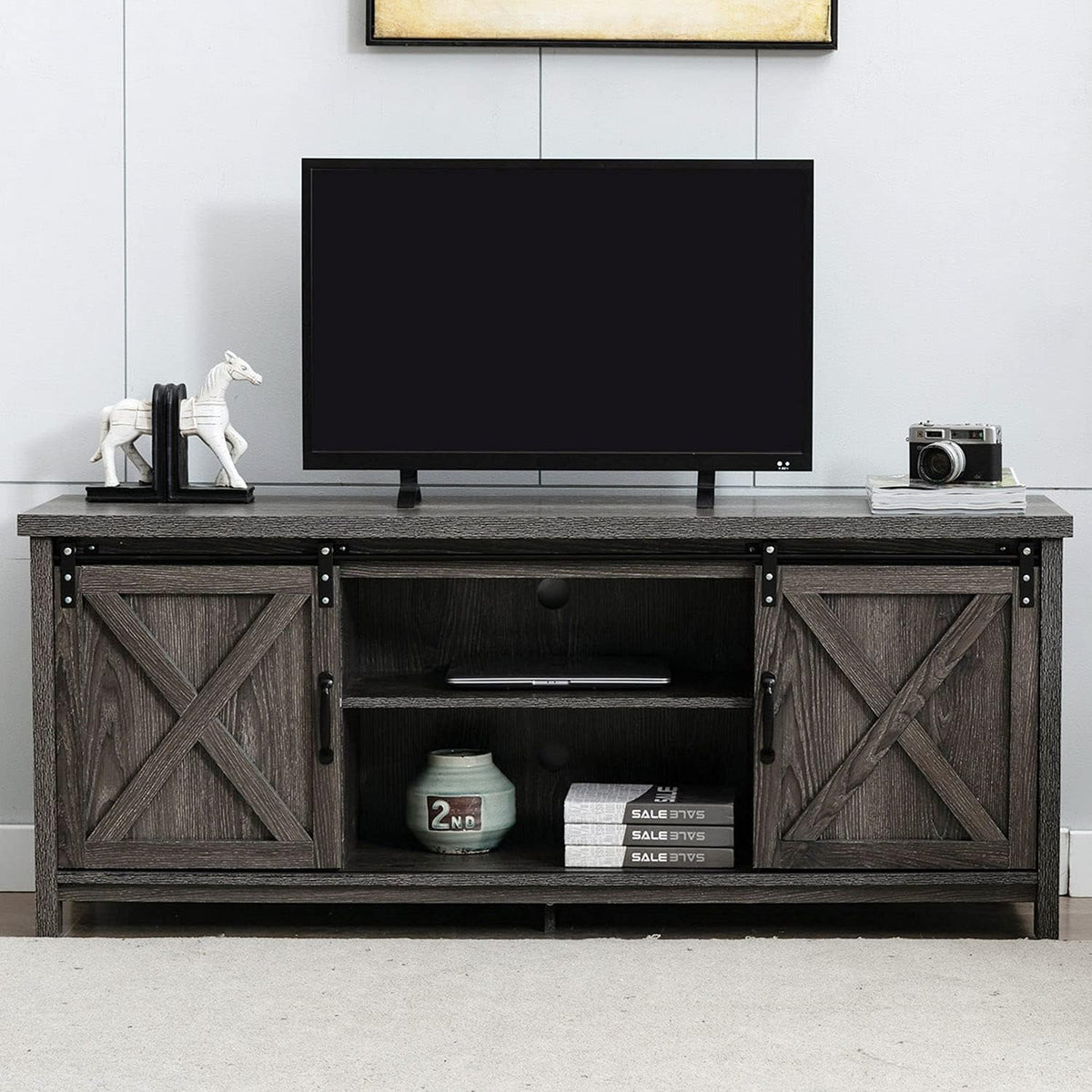 Farmhouse TV Stand with Wooden Sliding Barn Door TV Console U4508