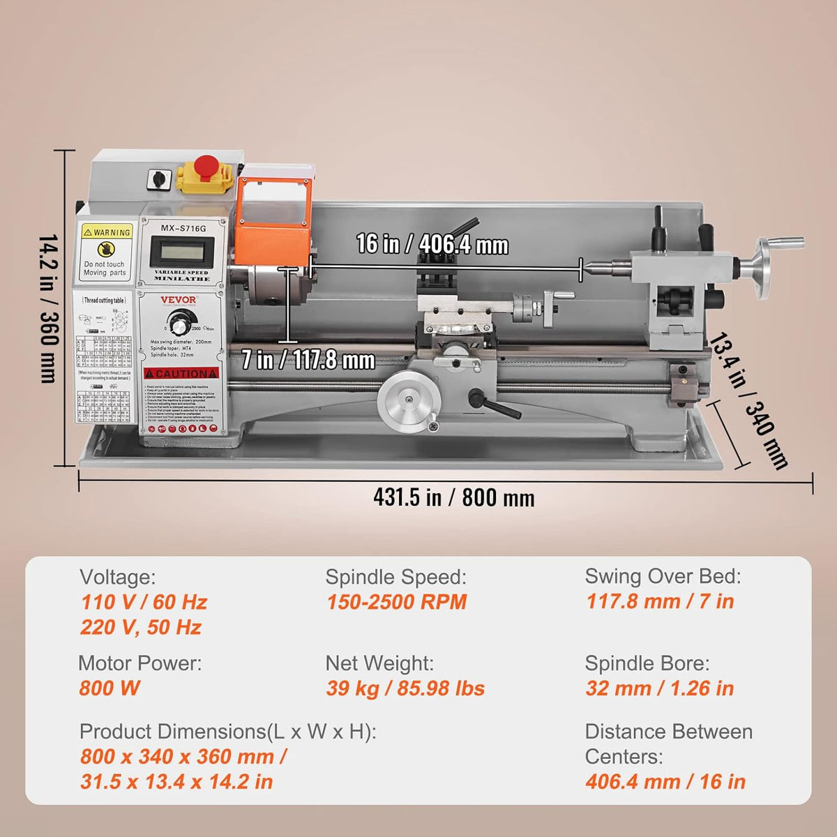 Mini Metal Lathe Machine, 7'' x 16'', 800W Precision Benchtop Power Metal Lathe H609