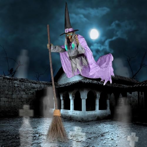 6FT Animated Flying Witch Halloween Decor with Scary Sounds and Lights X288
