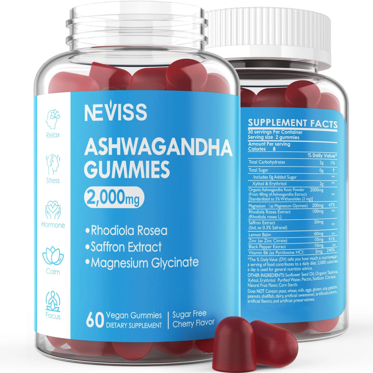 Sugar Free Ashwagandha Gummies 2000mg with Magnesium Glycinate, Rhodiola Rosea, Saffron, Zinc, Lemon Balm, B6 - 60 Counts I163