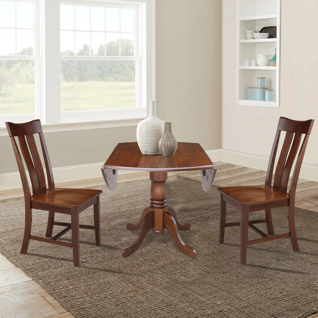 Solid Wood 3-Piece Dining Set with Dual Drop Leaf Table and 2 Splat Back Chairs J7859