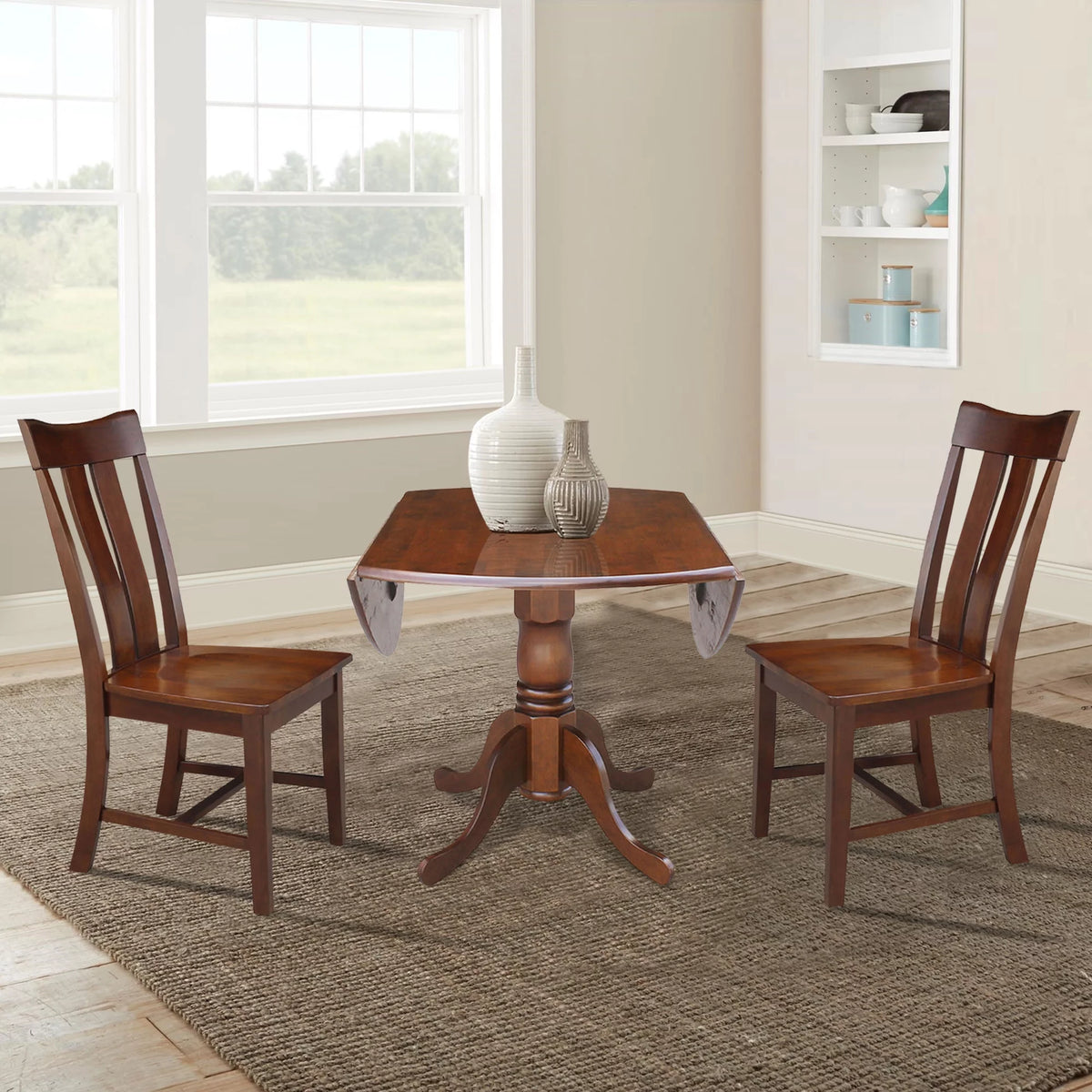 Solid Wood 3-Piece Dining Set with Dual Drop Leaf Table and 2 Splat Back Chairs J7859