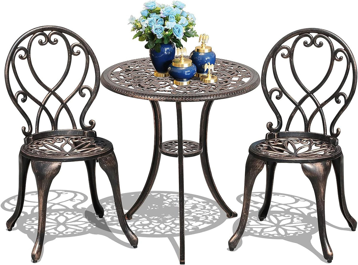 3 Piece Outdoor Cast Aluminum Bistro Set with Umbrella Hole, Bronze U787921