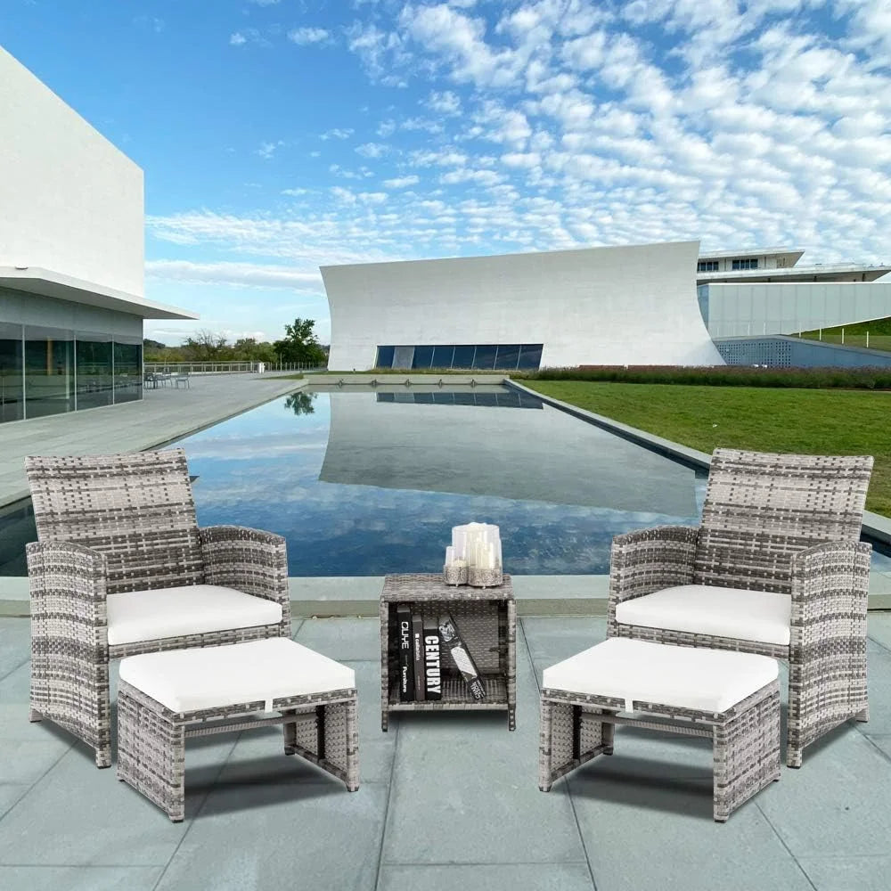 5 Pcs Wicker Rattan Cushioned Patio Sofa Set with Ottoman & Table I6587