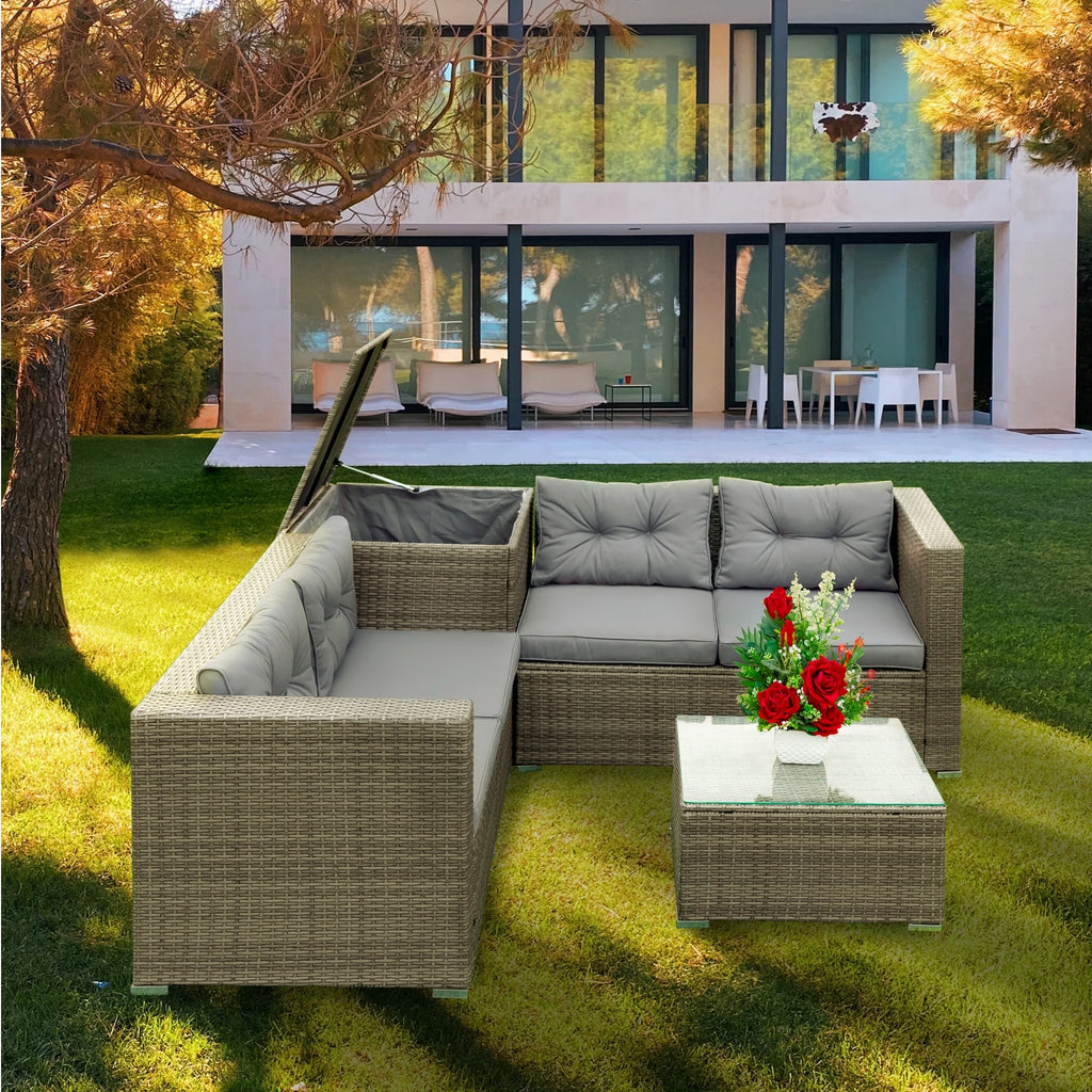 Grey 4 Piece Patio Sectional Sofa Set with Storage Box I260057