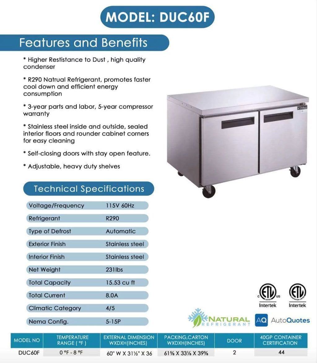 2-Door Stainless Steel Undercounter Commercial Freezer D5213