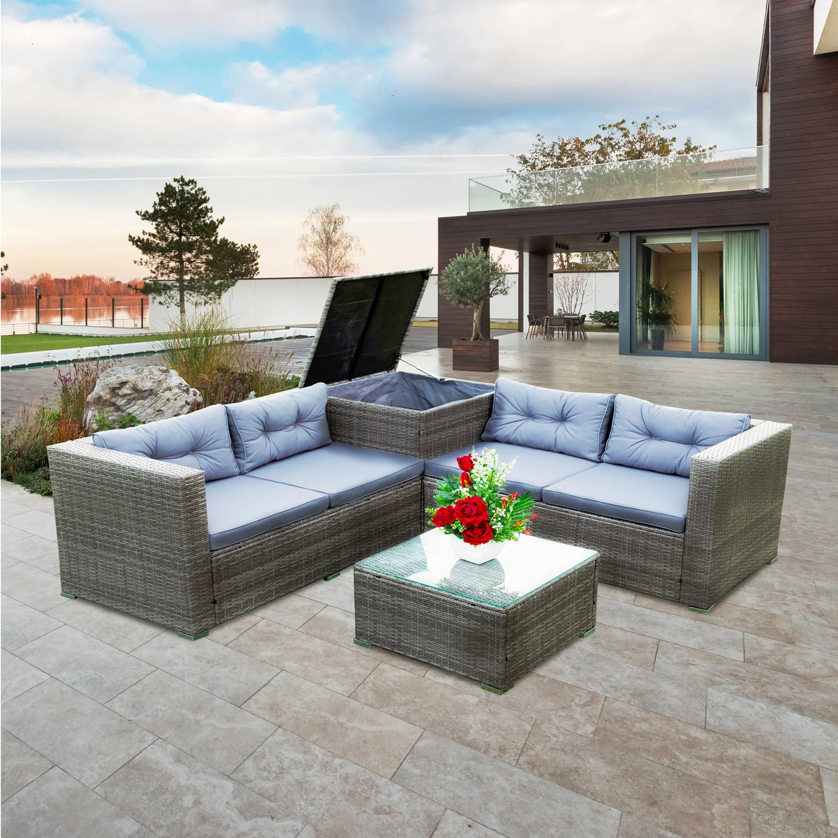 Grey 4 Piece Patio Sectional Sofa Set with Storage Box I260057
