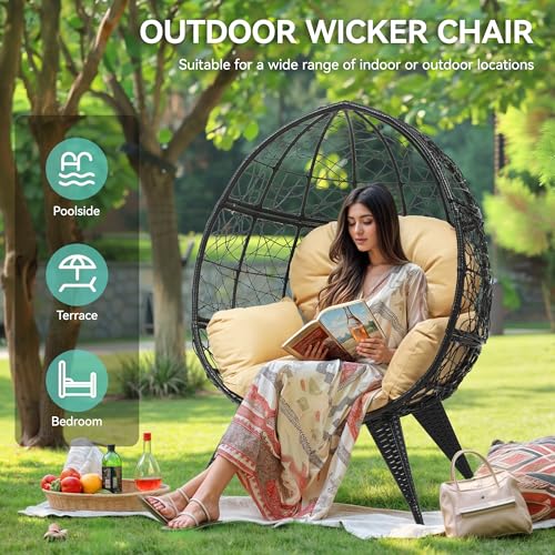Oversized Wicker Egg Chair with Stand Cushion D486