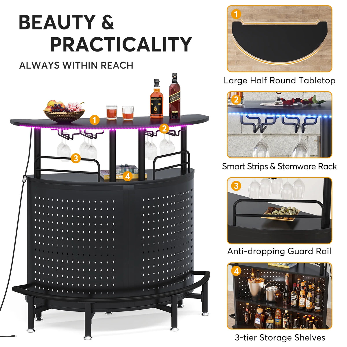 3-Tier Liquor Bar Table with Wine Glasses Holder and Storage Shelves J226