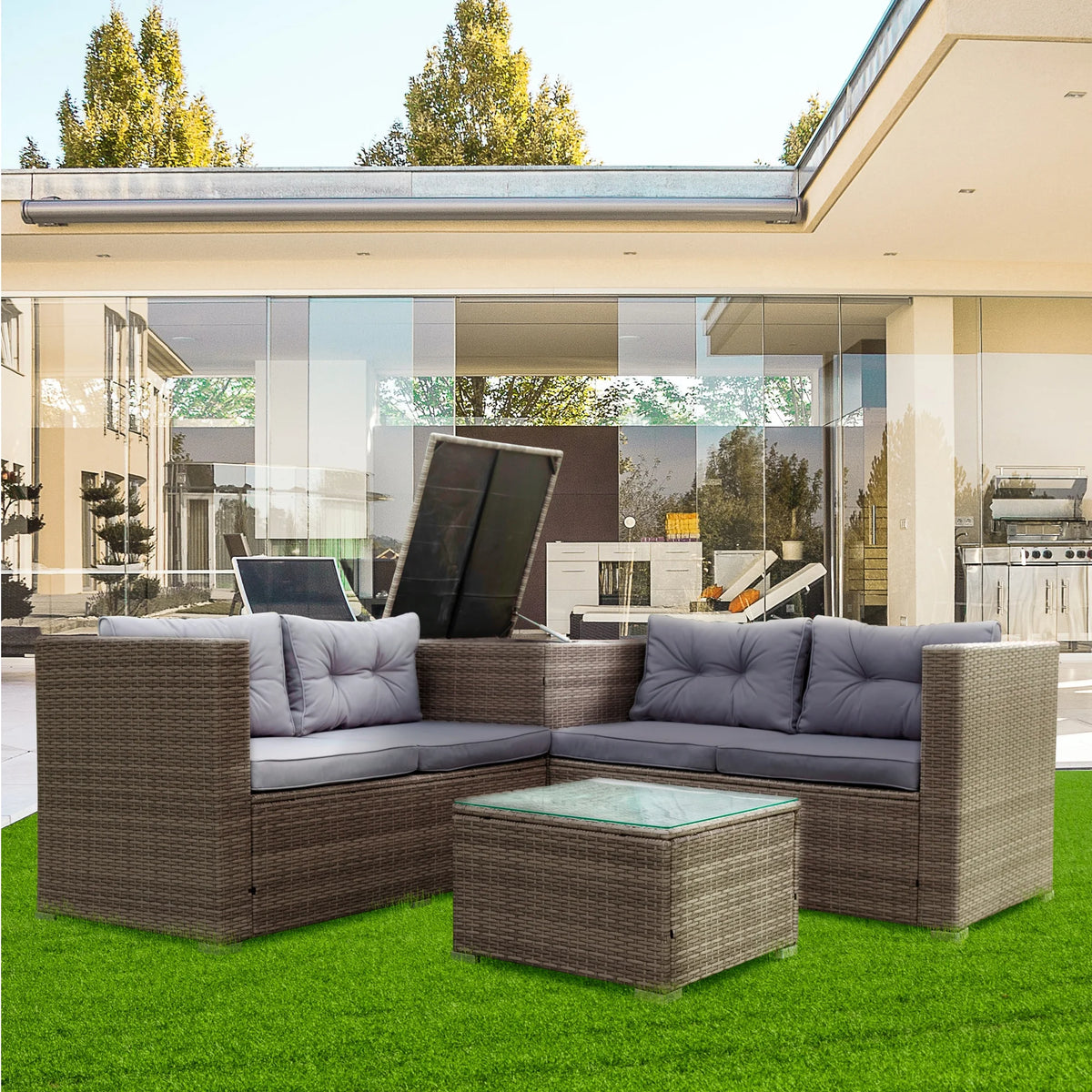 Grey 4 Piece Patio Sectional Sofa Set with Storage Box I260057