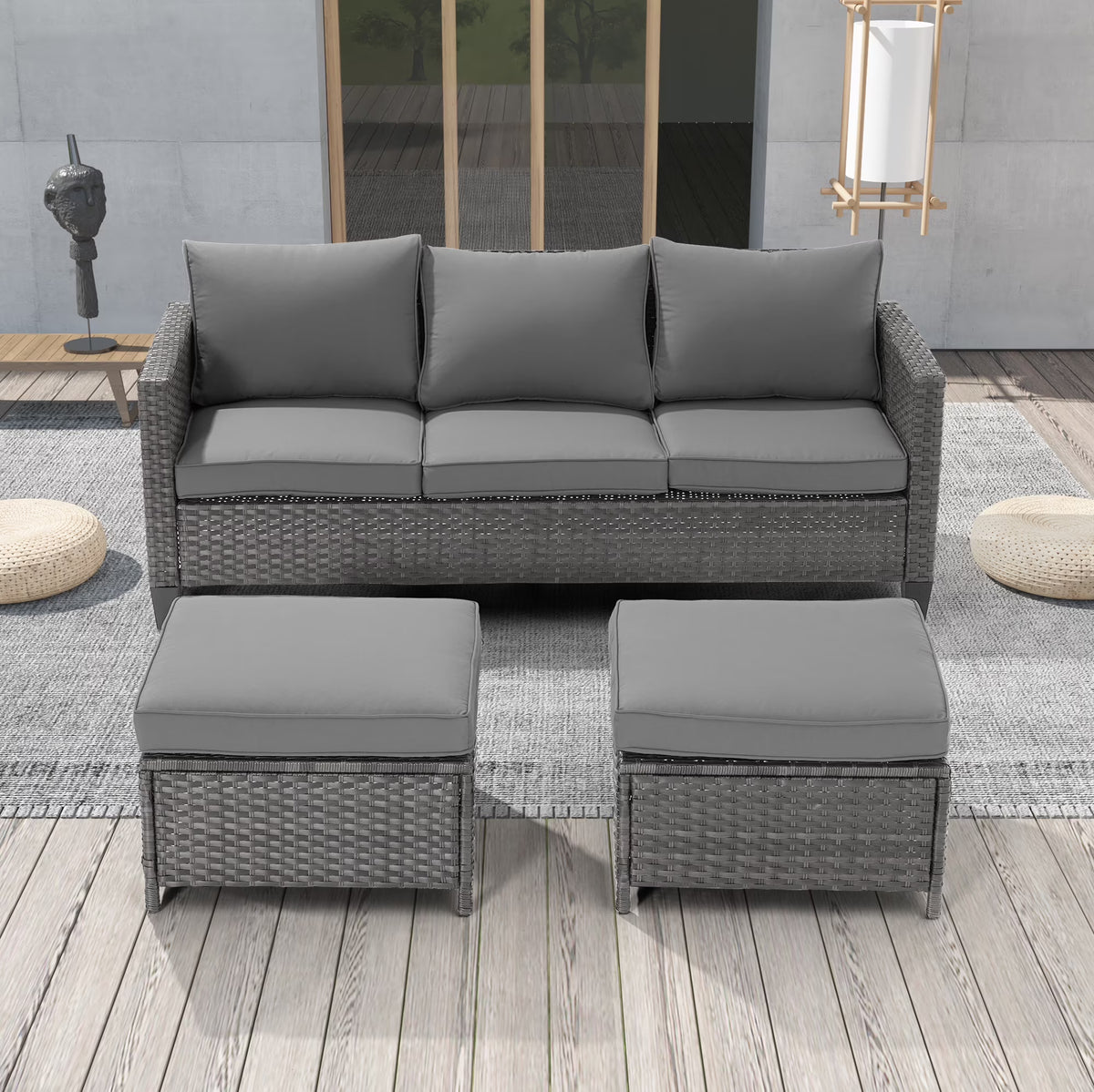 3-Piece Patio Sofa Set Rattan Outdoor Furniture Gray Z83340