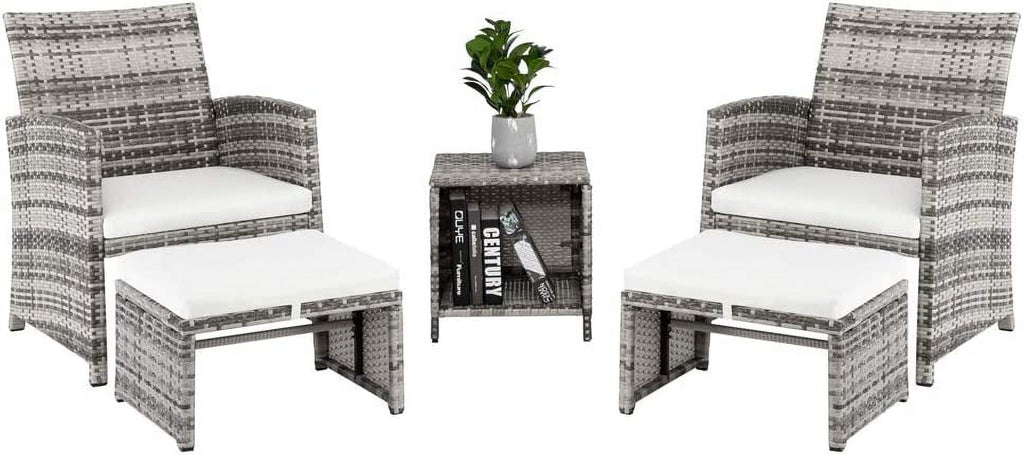 5 Pcs Wicker Rattan Cushioned Patio Sofa Set with Ottoman & Table I6587