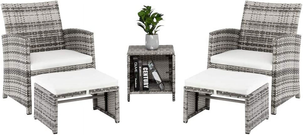 5 Pcs Wicker Rattan Cushioned Patio Sofa Set with Ottoman & Table I6587
