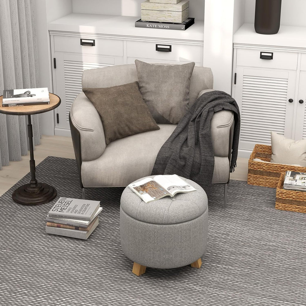 Round Fabric Upholstered Ottoman with Solid Wood Legs C96592
