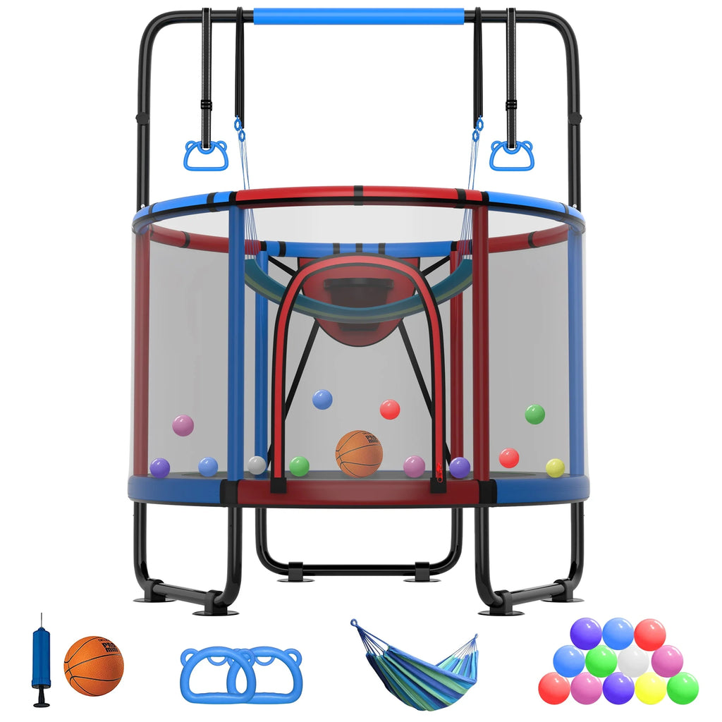 5FT Toddler Trampoline with Basketball Hoop, Swing, Adjustable Bar, Enclosure Net N159