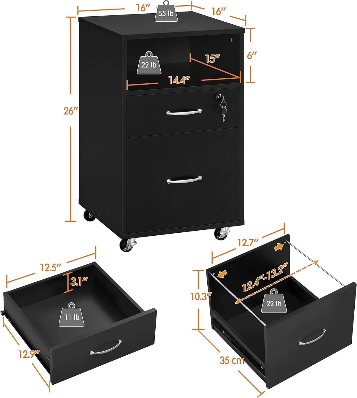 2pcs Mobile File Cabinet Letter Size Filing Cabinet with Printer Stand Black Rustic Brown R89106