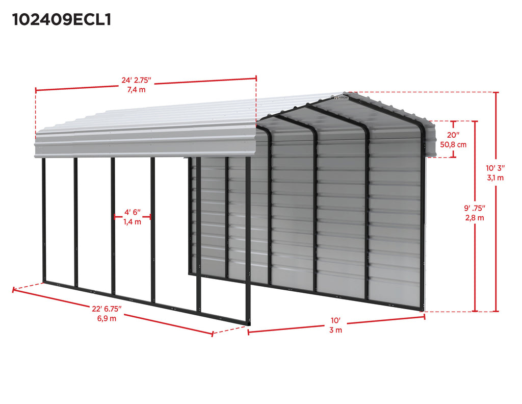 Galvanized Steel Carport Kit, 10' x 24' x 9', Charcoal R679729