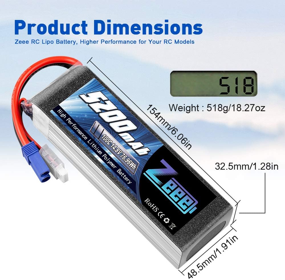 4S Lipo Battery 14.8V 5200mAh 100C EC5 Plug Soft Case 2 Pack P35799