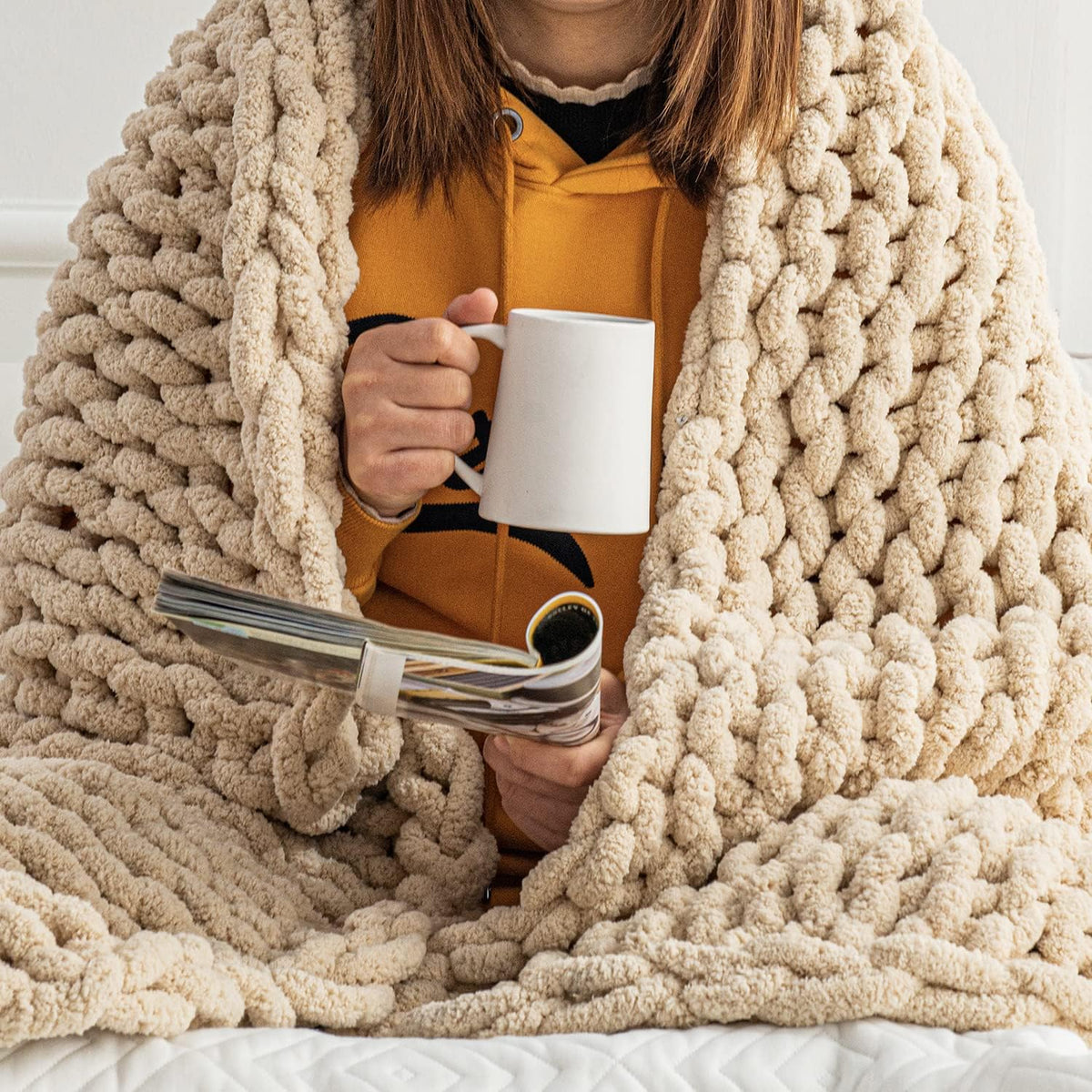 Blush Pink Chunky Knit Chenille Throw Blanket U8905
