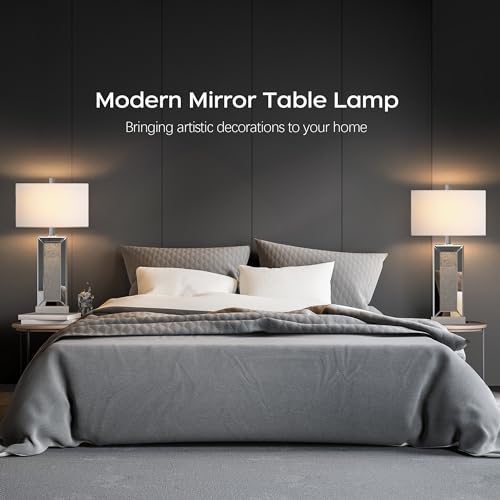 Table Lamp Set of 2 Touch Control Silver Mirror Crystal with USB C+A Ports 3-Way Dimmable White Fabric Shade C2153