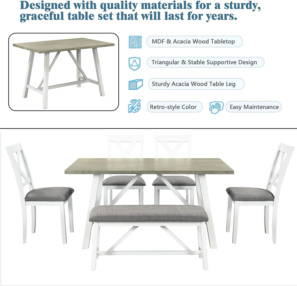 6 Piece White Gray Wood Dining Table Set with Bench and 4 Chairs M47923