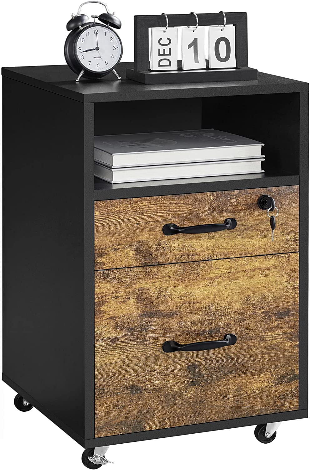 2pcs Mobile File Cabinet Letter Size Filing Cabinet with Printer Stand Black Rustic Brown R89106