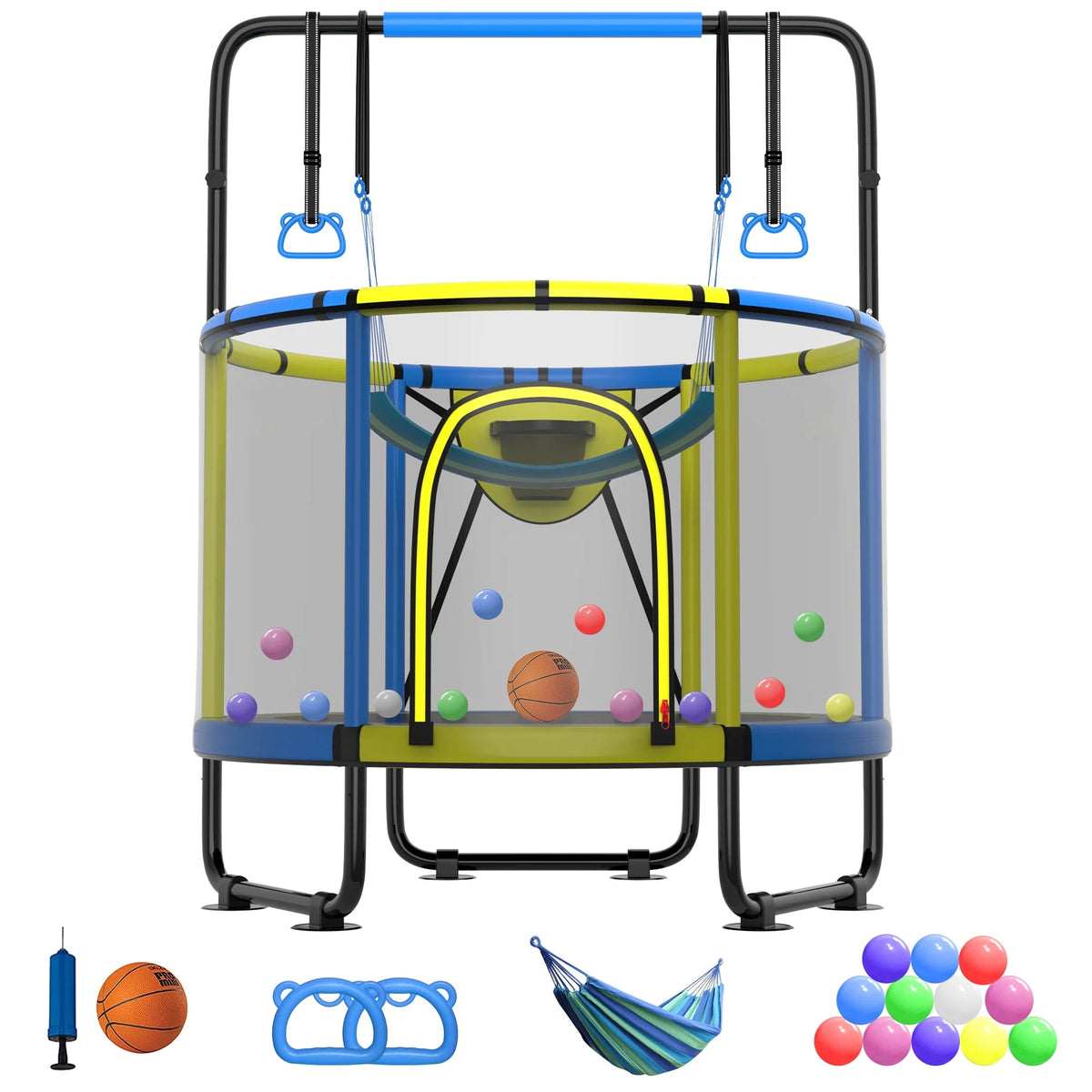 5FT Toddler Trampoline with Basketball Hoop, Swing, Adjustable Bar, Enclosure Net N159