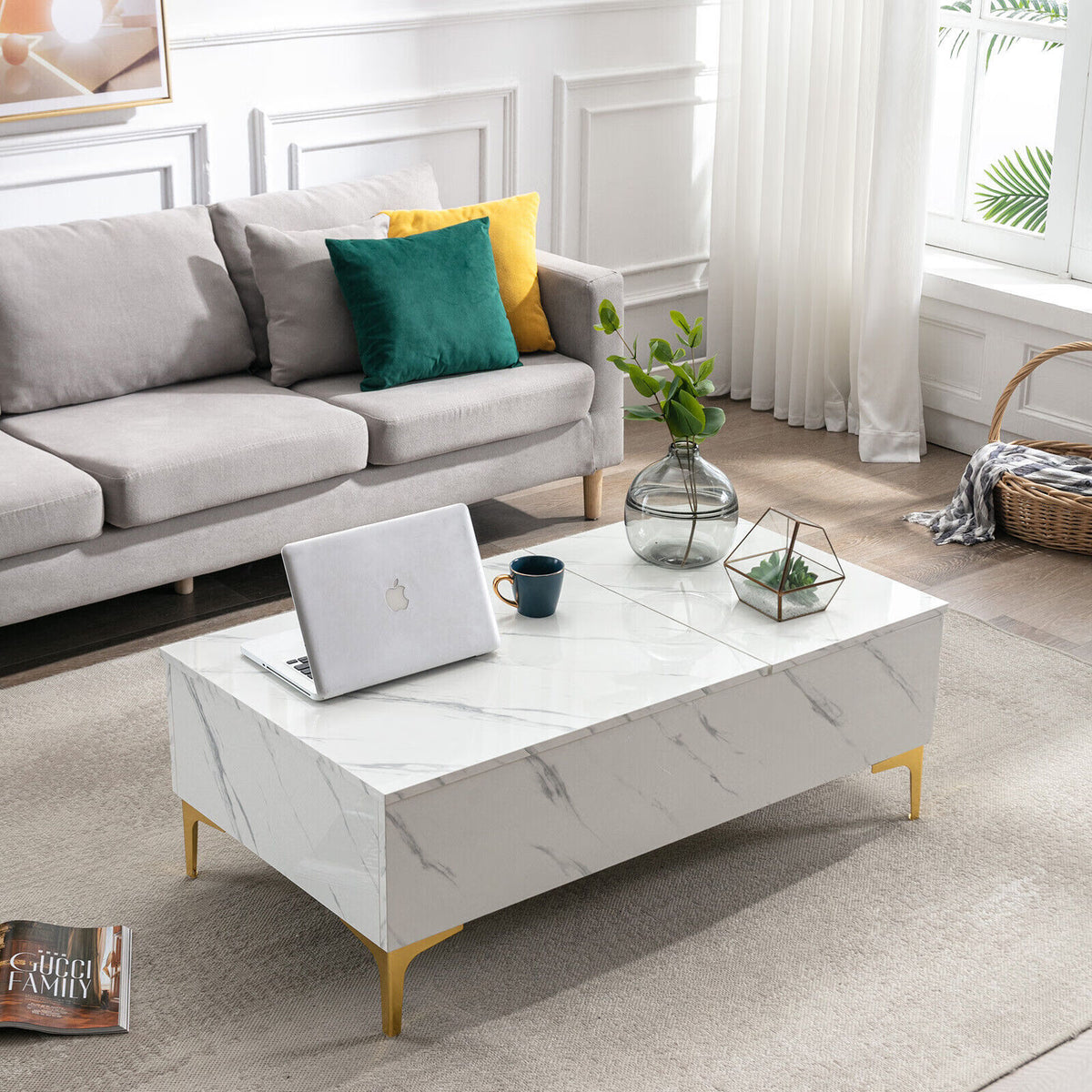 Modern White Lift Top Marble Coffee Table with Storage Z202916
