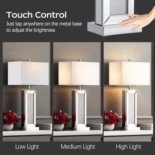 Table Lamp Set of 2 Touch Control Silver Mirror Crystal with USB C+A Ports 3-Way Dimmable White Fabric Shade C2153