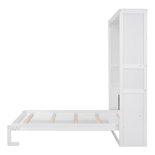 Queen Size Wood Murphy Bed with Shelves, Grey Y174